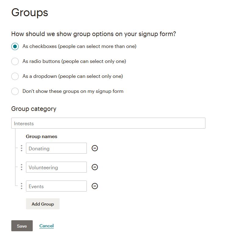 como crear grupos de usuarios Mailchimp