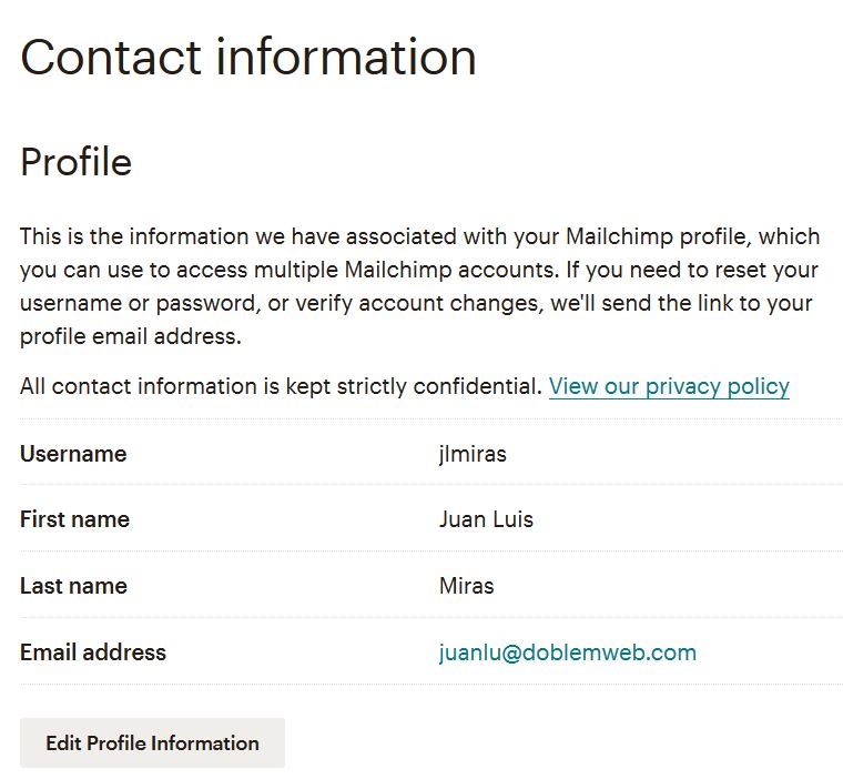 configuracion informacion contacto Mailchimp